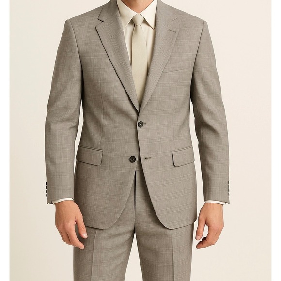 Burberrys Mens Grey Glen Plaid Wool Suit 2 Piece‎ Blazer Pants Size 43L Vintage